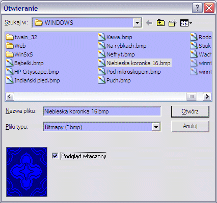 Dialog wyboru pliku po małym tuningu - wyświetla miniaturki bitmap (Windows XP)