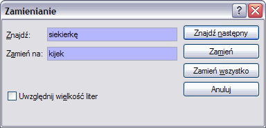 Dialog wyszukiwania i zamiany tekstu (Windows XP)