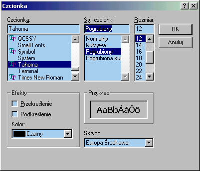 Dialog wyboru czcionki (Windows 98)
