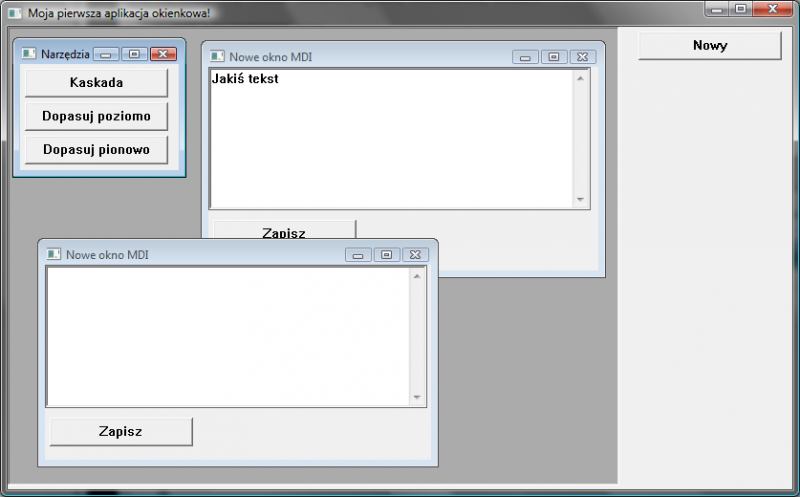 Aplikacja MDI z wieloma oknami różnych klas (Windows Vista)