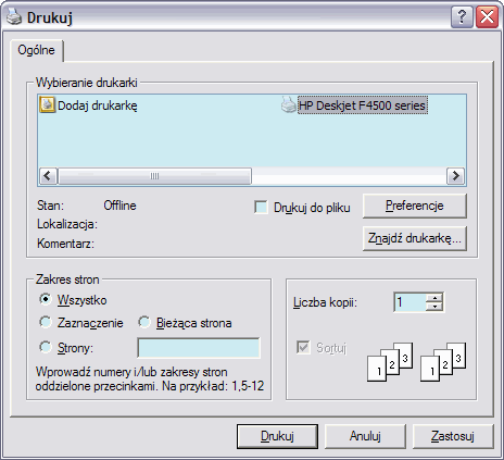 Dialog drukowania (Windows XP)