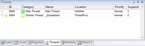 Okno wątków w debuggerze (Visual Studio 2008)